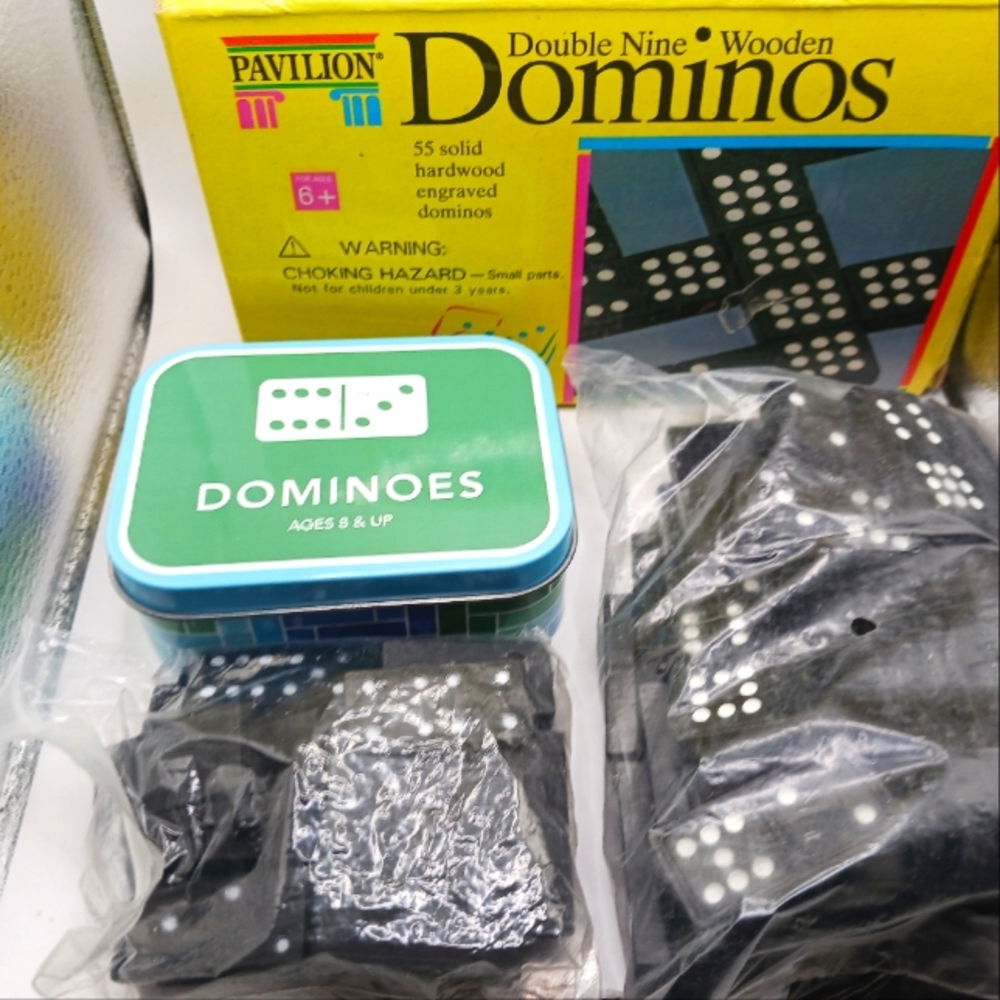 Lot of 2 Dominoes Sets -1.5 inches 28 Pieces + 55 Pieces Sets Black -New